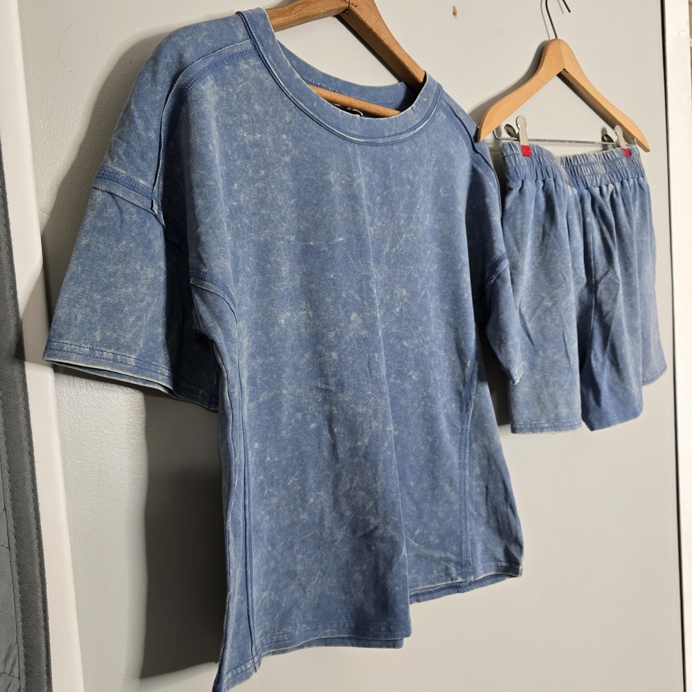 Zenana Oversized Top & Shorts Set Dusty Blue Acid Washed Cotton Women's Outfit S - Picture 10 of 15